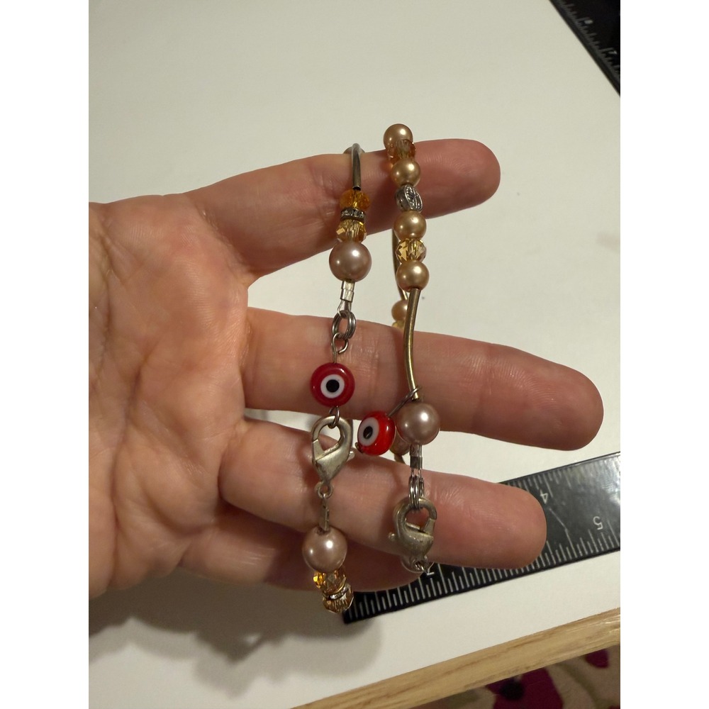 Set of 2 Evil Eye Cross Beaded Bracelets Gold Tone Champagne Pearl Amber Crystal